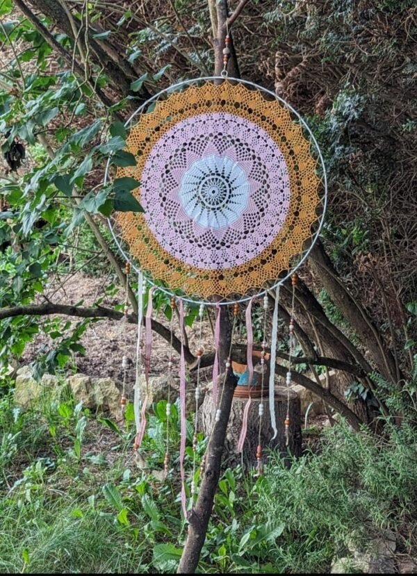 Grand attrape-rêve blanc rose orange