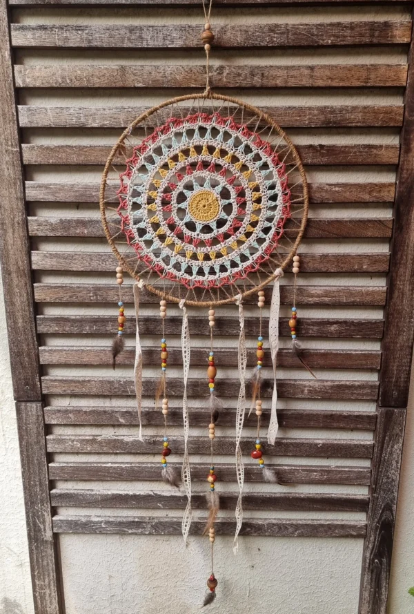ar grand cercle chanvre soleil 1 Grand attrape rêves soleil fait main avec cerclage en corde de chanvre rubans et suspente centrale