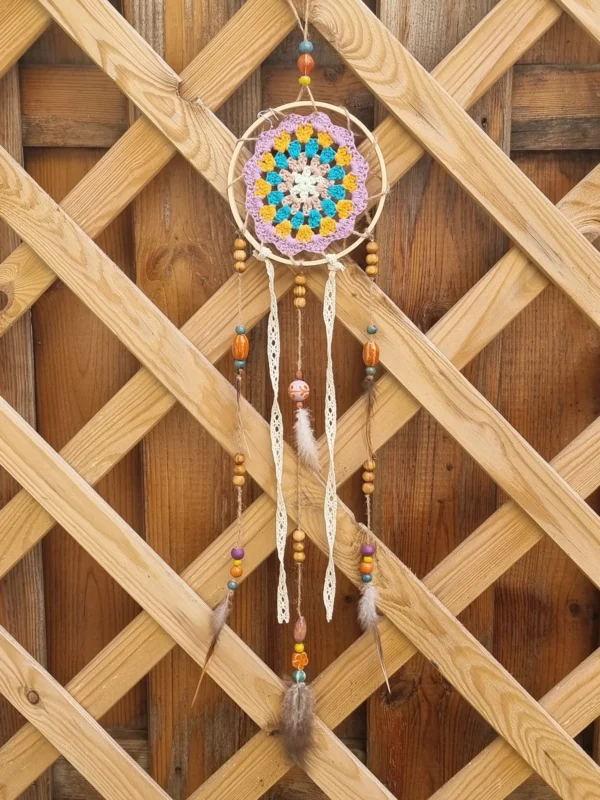 ar petit blanc bleu orange violet plastel 3 Suspentes légères composées de perles en bois céramique plumes et rubans assortis