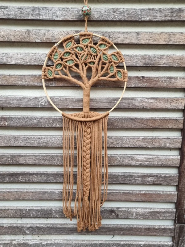 Arbre de vie macramé bois fait main avec cerclage en bois franges brunes et suspente tressée