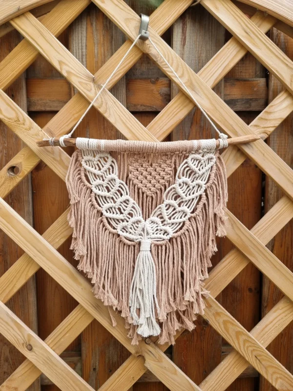 Fixation du tressage en macramé sur la branche en bois naturel brut